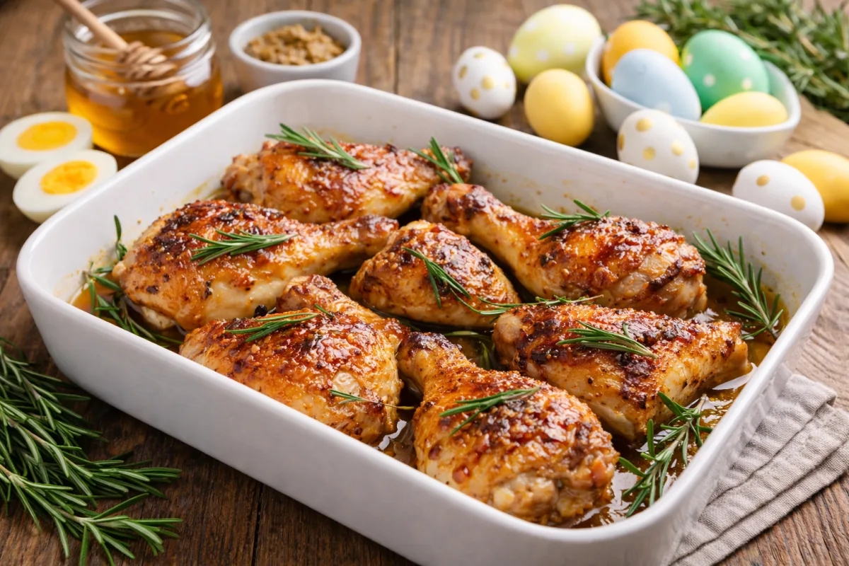 Mézes-mustáros sült csirkecombok receptje húsvéti csavarral