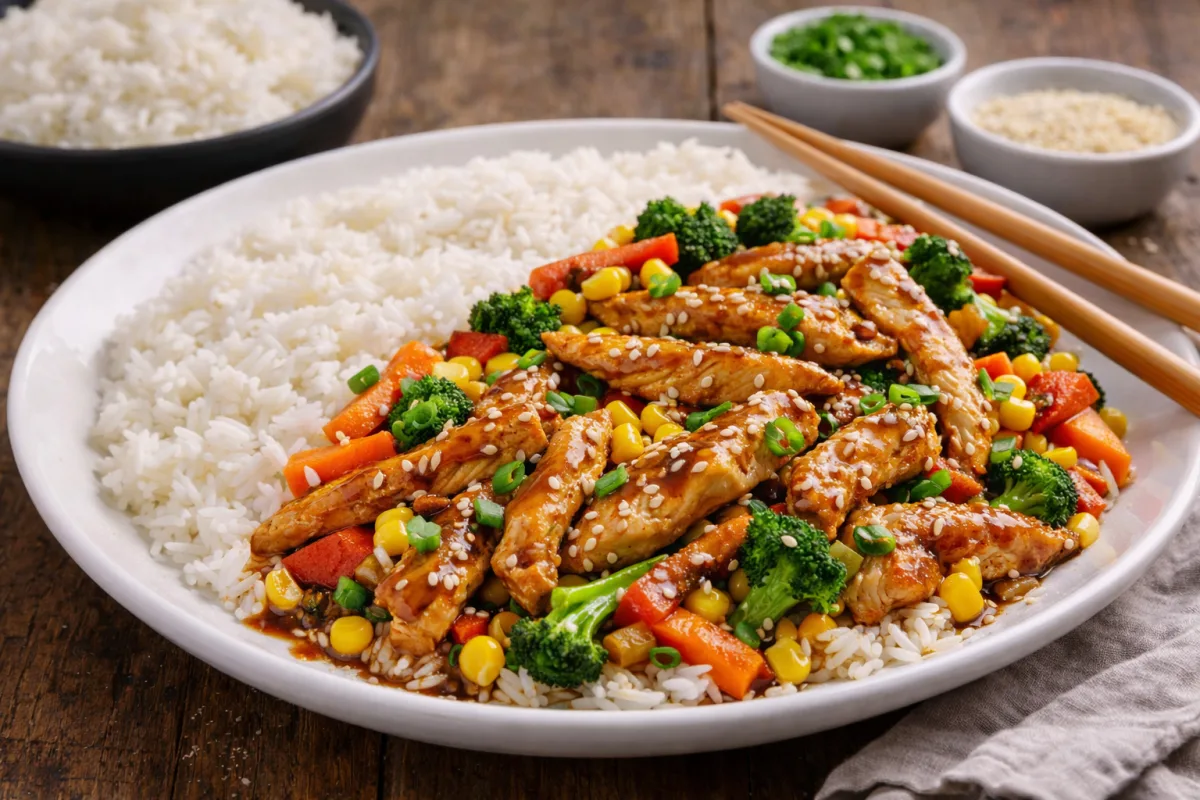 Mézes-szójás csirkecsíkok rizzsel