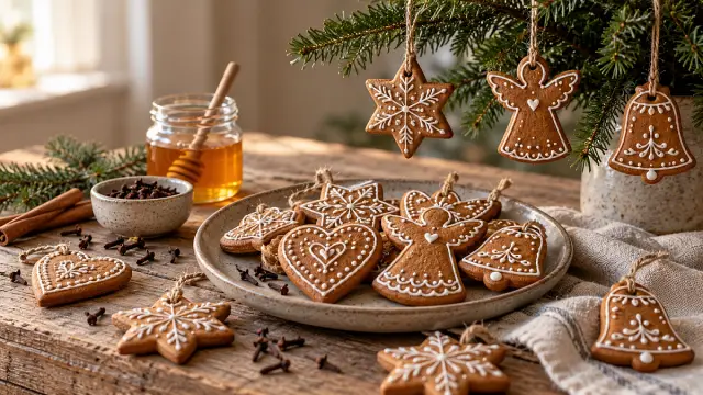 Fehér cukormázzal díszített mézeskalács csillagok, szívek, angyalkák és harangok, néhány darab szalagra fűzve.