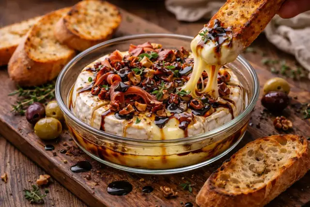 Olasz bisztró stílusú sült camembert prosciuttóval és balzsamecettel