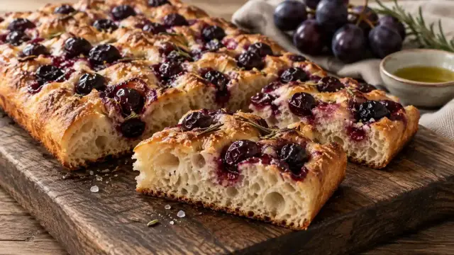 Olasz szőlős focaccia rozmaringgal és pehelysóval