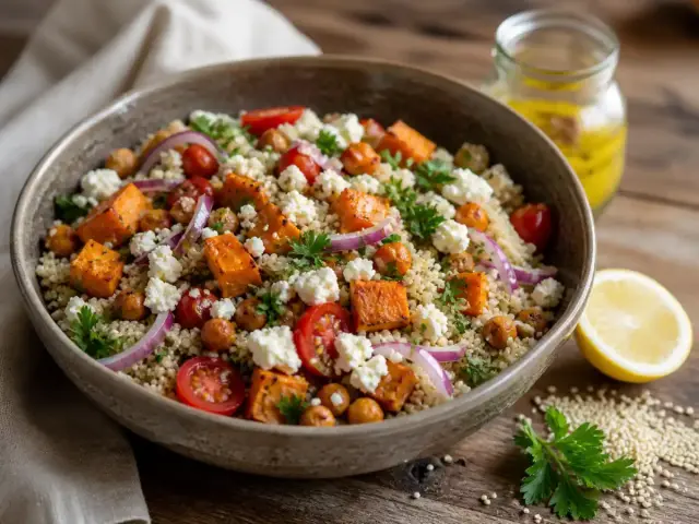 Quinoa saláta sült édesburgonyával és csicseriborsóval
