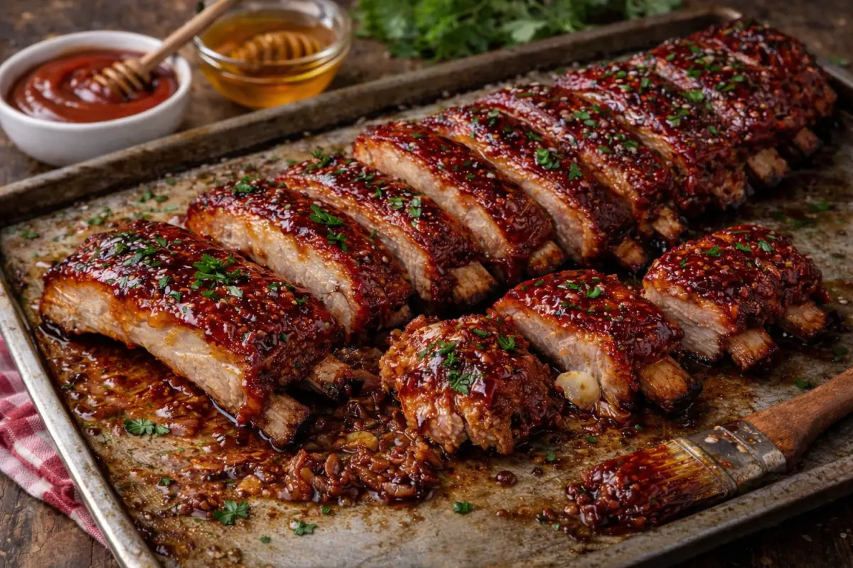 Ragacsos-mázas sült oldalas mézes-ketchupos pácban