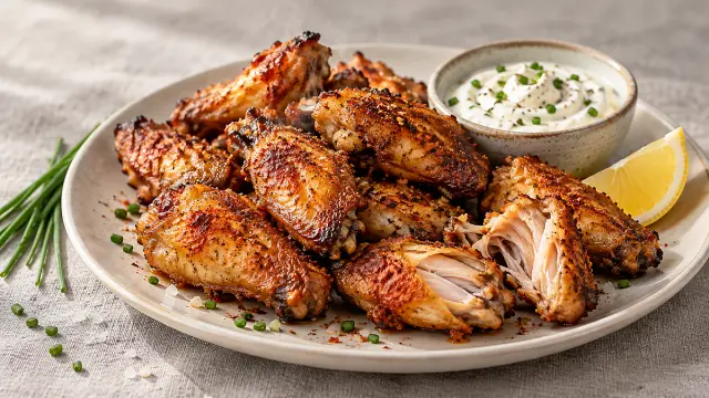 Aranybarnára sült, ropogós air fryer csirkeszárnyak fokhagymás mártogatóssal.