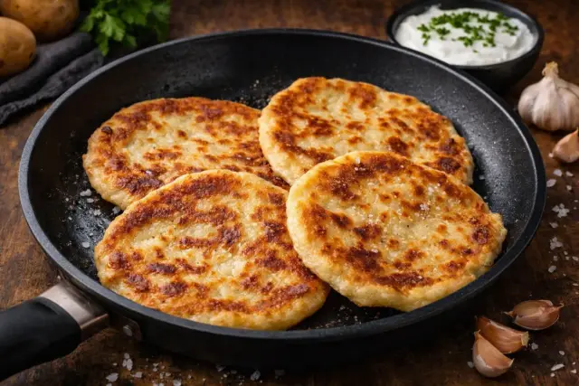 Ropogós házi krumplilángos serpenyőben sütve