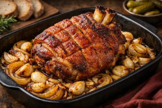 Ropogós sült csülök hagymával és fokhagymával