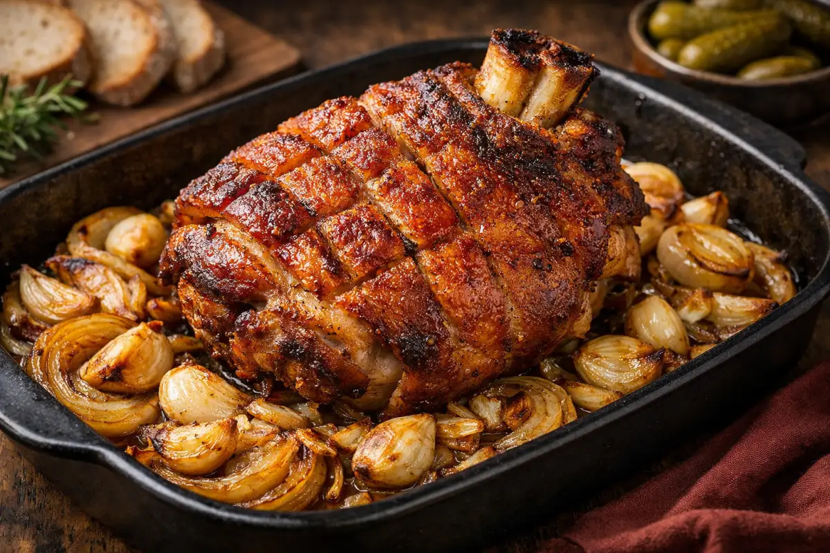 Ropogós sült csülök hagymával és fokhagymával