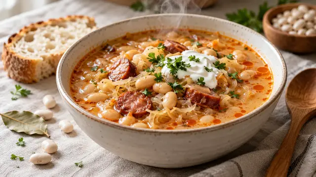 Savanyú káposztás bableves recept, frissen elkészítve és tálalva.