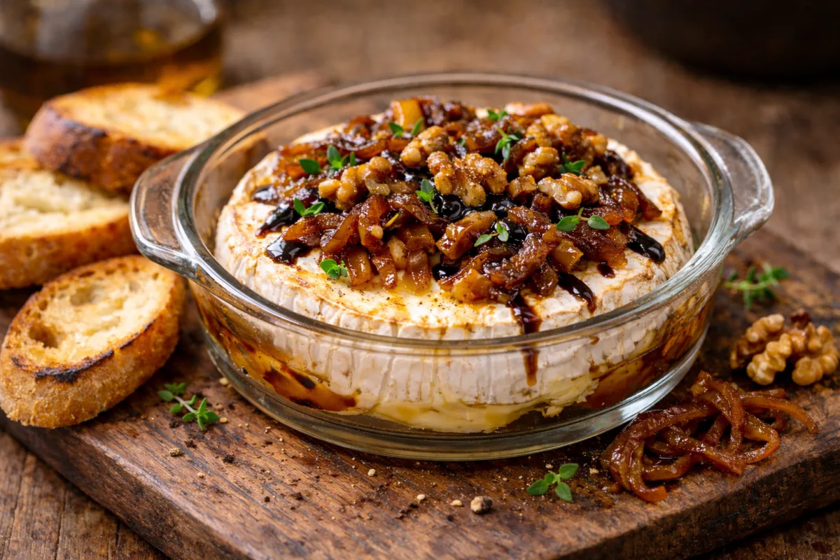 Sült camembert karamellizált hagymával, dióval és balzsamecettel