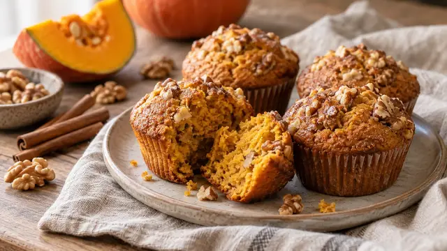 Sütőtökös muffin, frissen elkészítve és tálalva.