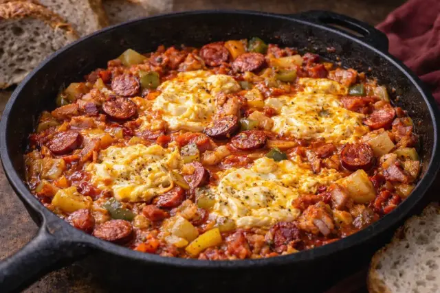 Szaftos baconos-kolbászos lecsó tojással