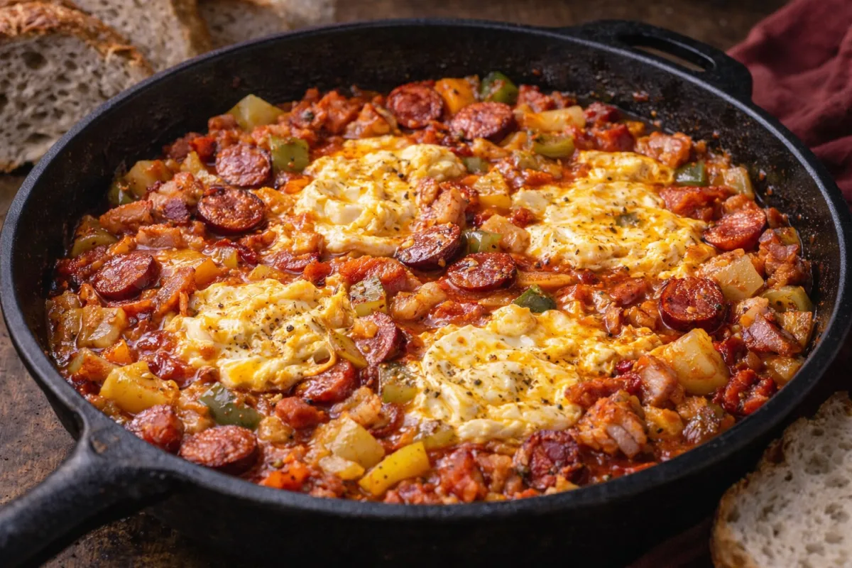 Szaftos baconos-kolbászos lecsó tojással