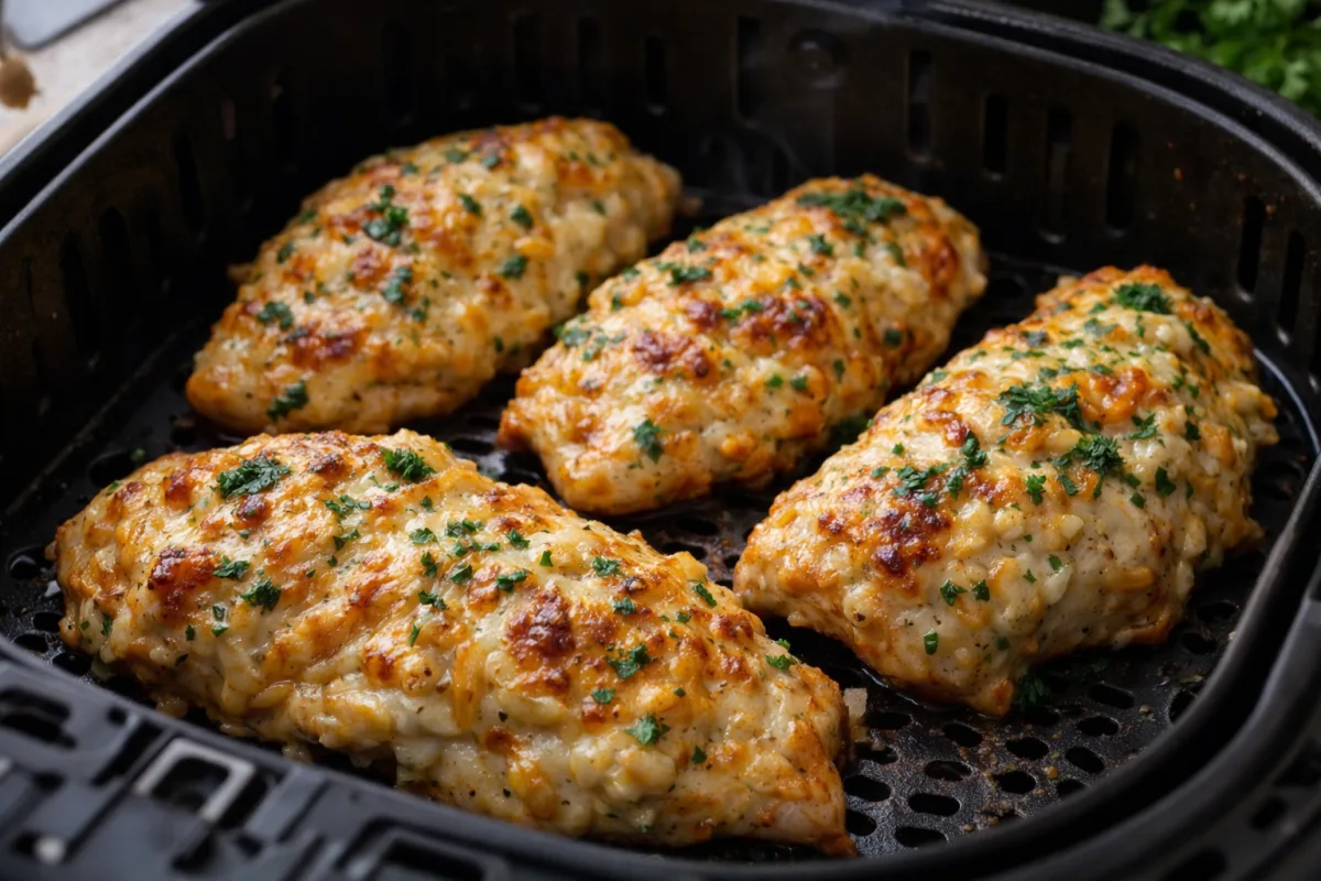Szaftos sajtos-fokhagymás csirkemell airfryerben sütve