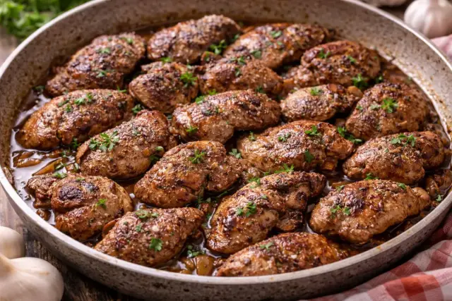 Szaftos sült csirkemáj lisztbe forgatva