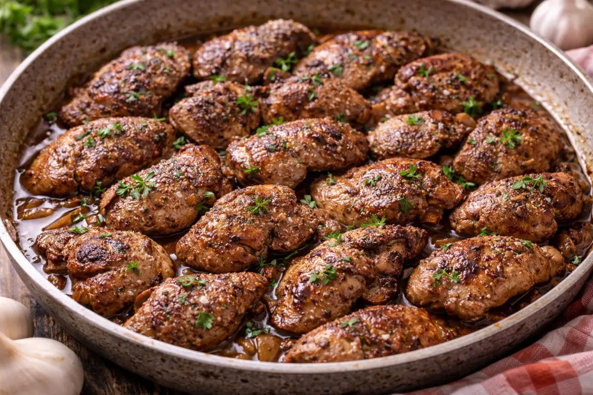 Szaftos sült csirkemáj lisztbe forgatva