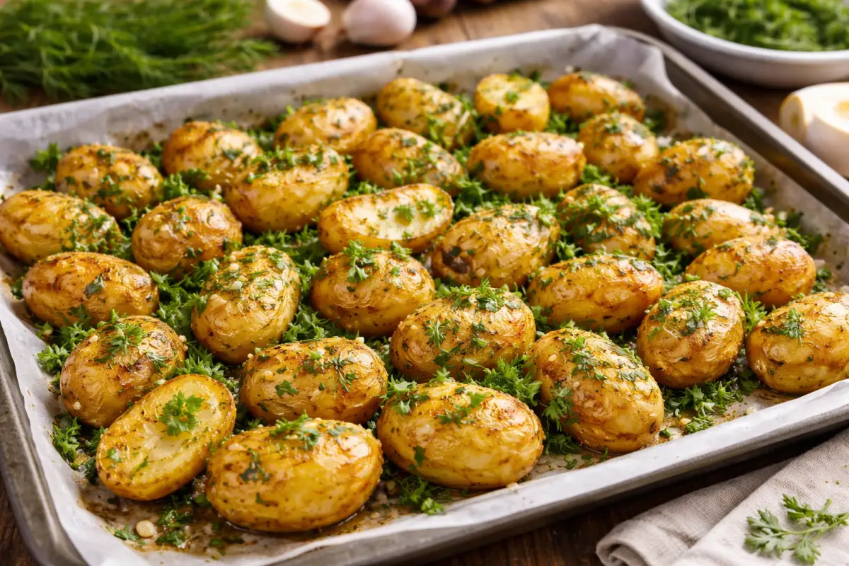 Tepsis újburgonya fokhagymás zöldfűszerekkel