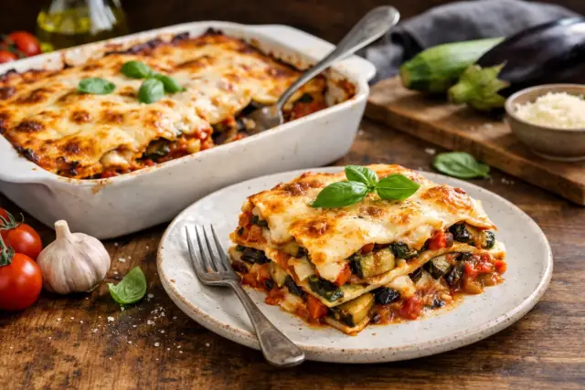 Vegetáriánus lasagne gazdagon, sült zöldségekkel és krémes besamellel