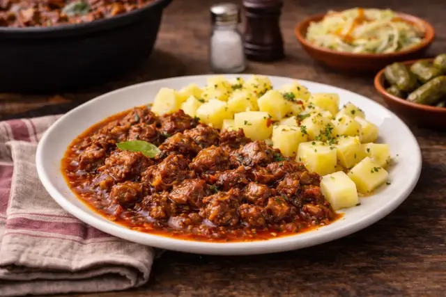 Vörösboros birkapörkölt sós burgonyával