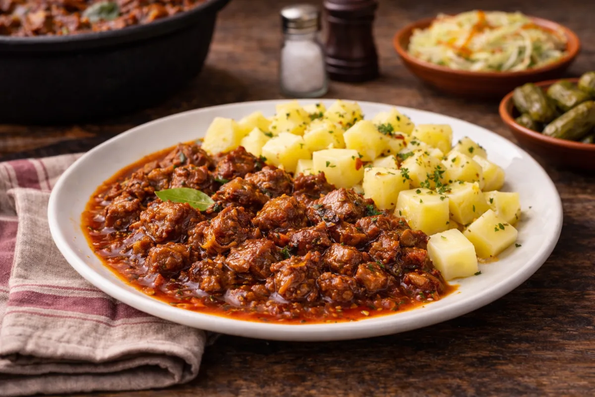 Vörösboros birkapörkölt sós burgonyával