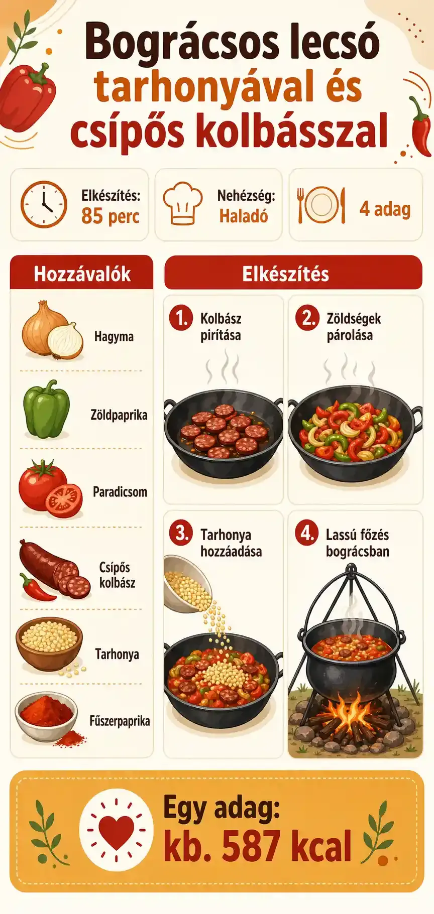 Bográcsos lecsó tarhonyával és csípős kolbásszal