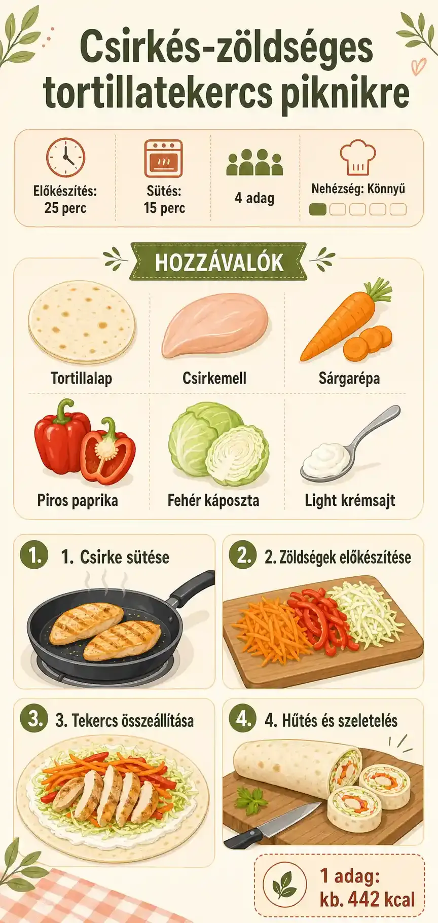 Csirkés-zöldséges tortillatekercs piknikre