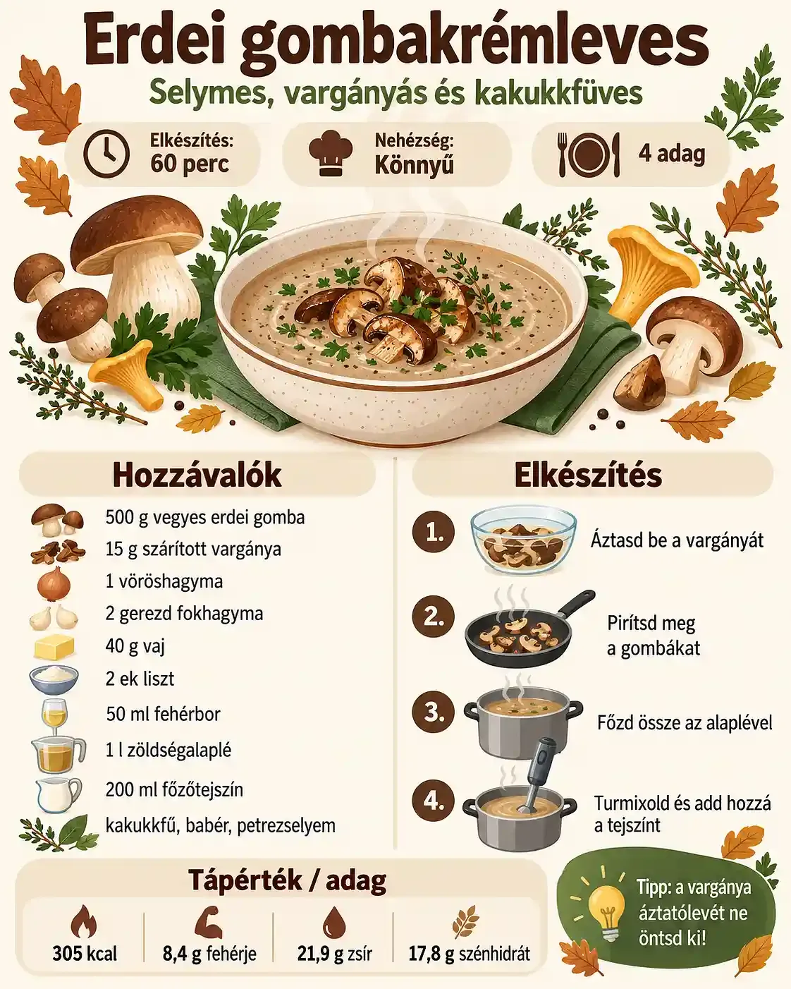 Erdei gombakrémleves recept – selymes, vargányás és kakukkfüves