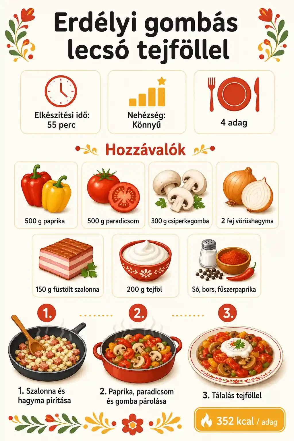 Erdélyi gombás lecsó tejföllel