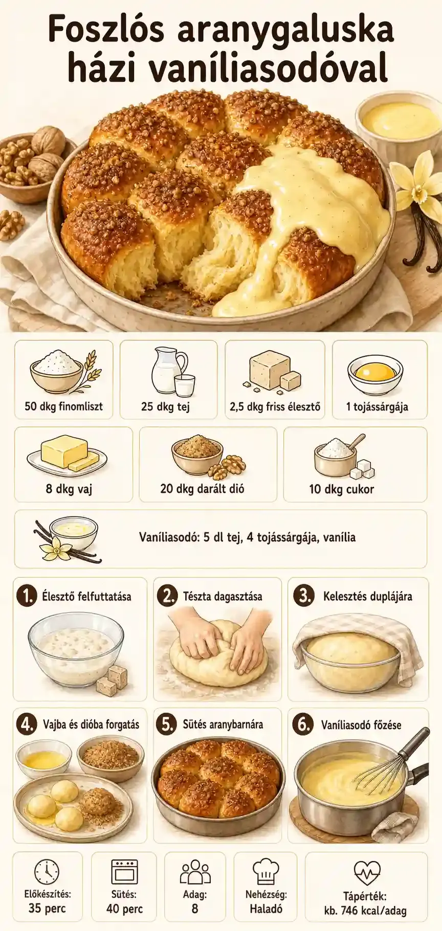 Foszlós aranygaluska házi vaníliasodóval