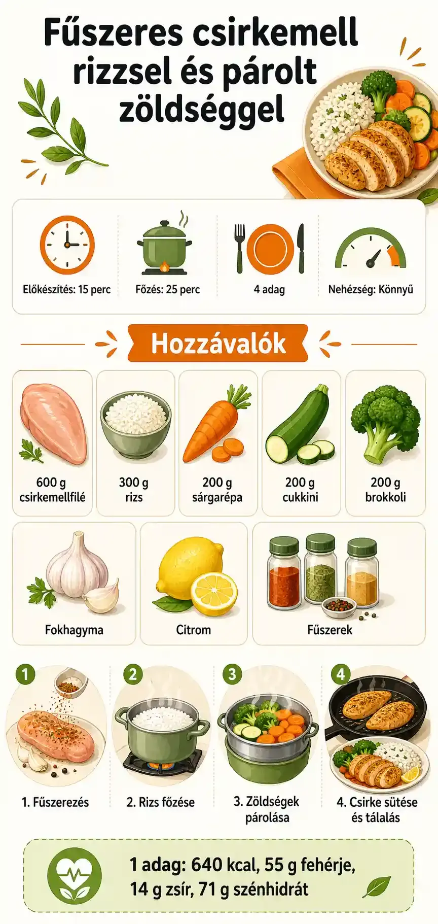 Fűszeres csirkemell rizzsel és párolt zöldséggel