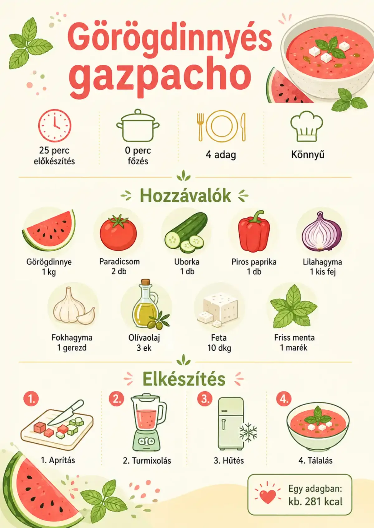 Görögdinnyés gazpacho receptinfografika hozzávalókkal, elkészítési lépésekkel és adagonkénti tápértékkel.