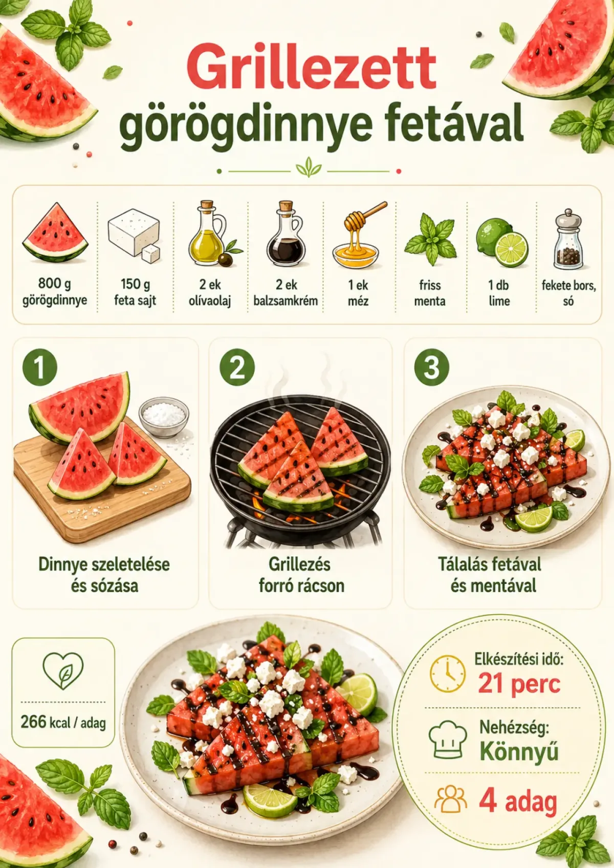 Grillezett görögdinnye fetával recept infografika hozzávalókkal, elkészítési lépésekkel, tálalási képpel és tápérték adatokkal.