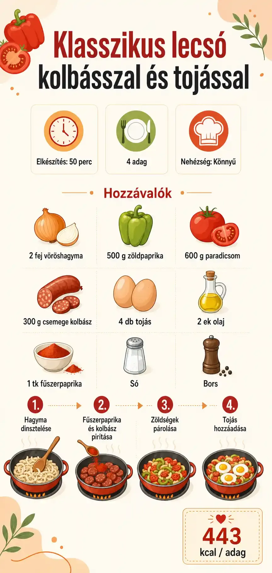 Klasszikus lecsó kolbásszal és tojással recept