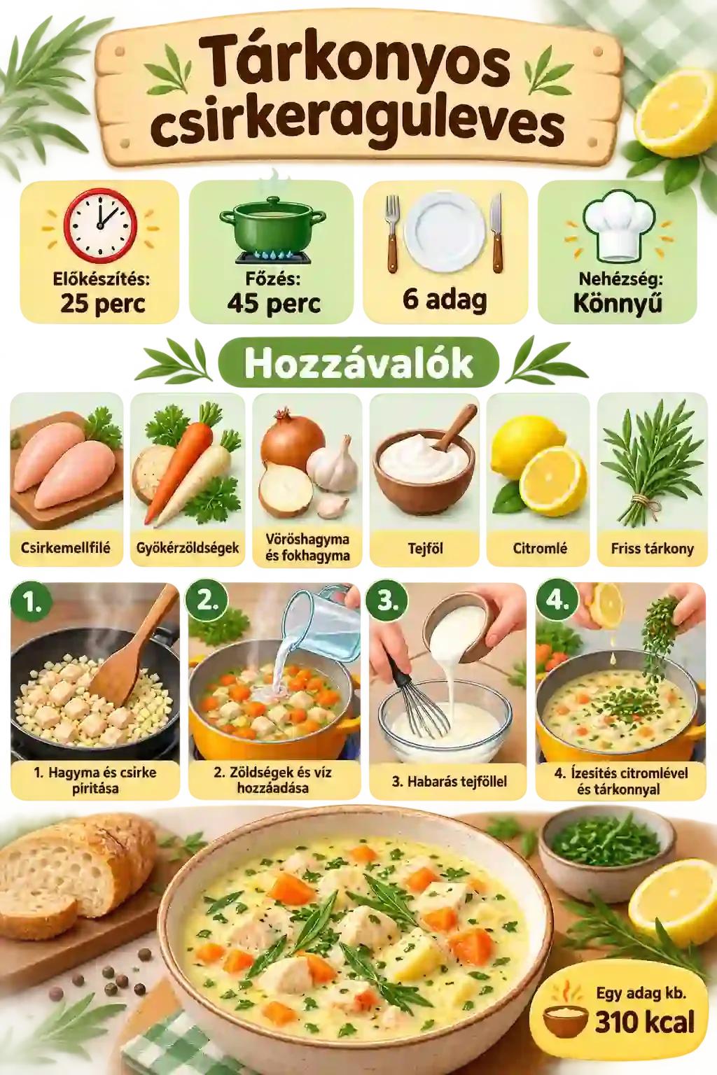 Krémes, tárkonyos csirkeraguleves recept