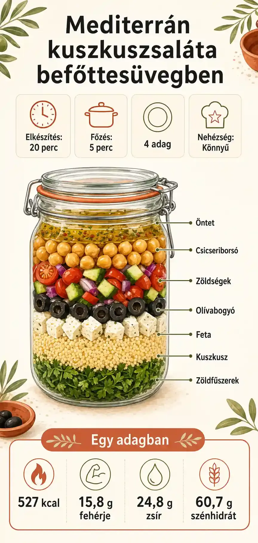 Mediterrán kuszkuszsaláta befőttesüvegben