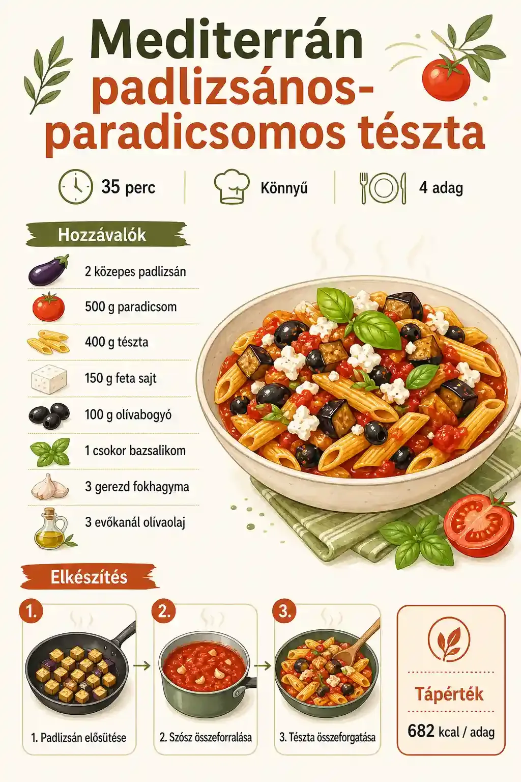 Mediterrán padlizsános-paradicsomos tészta