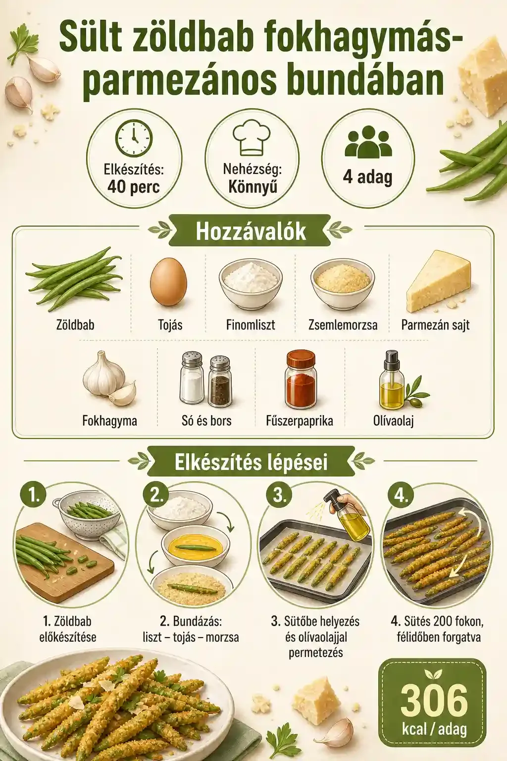 Sült zöldbab fokhagymás-parmezános bundában