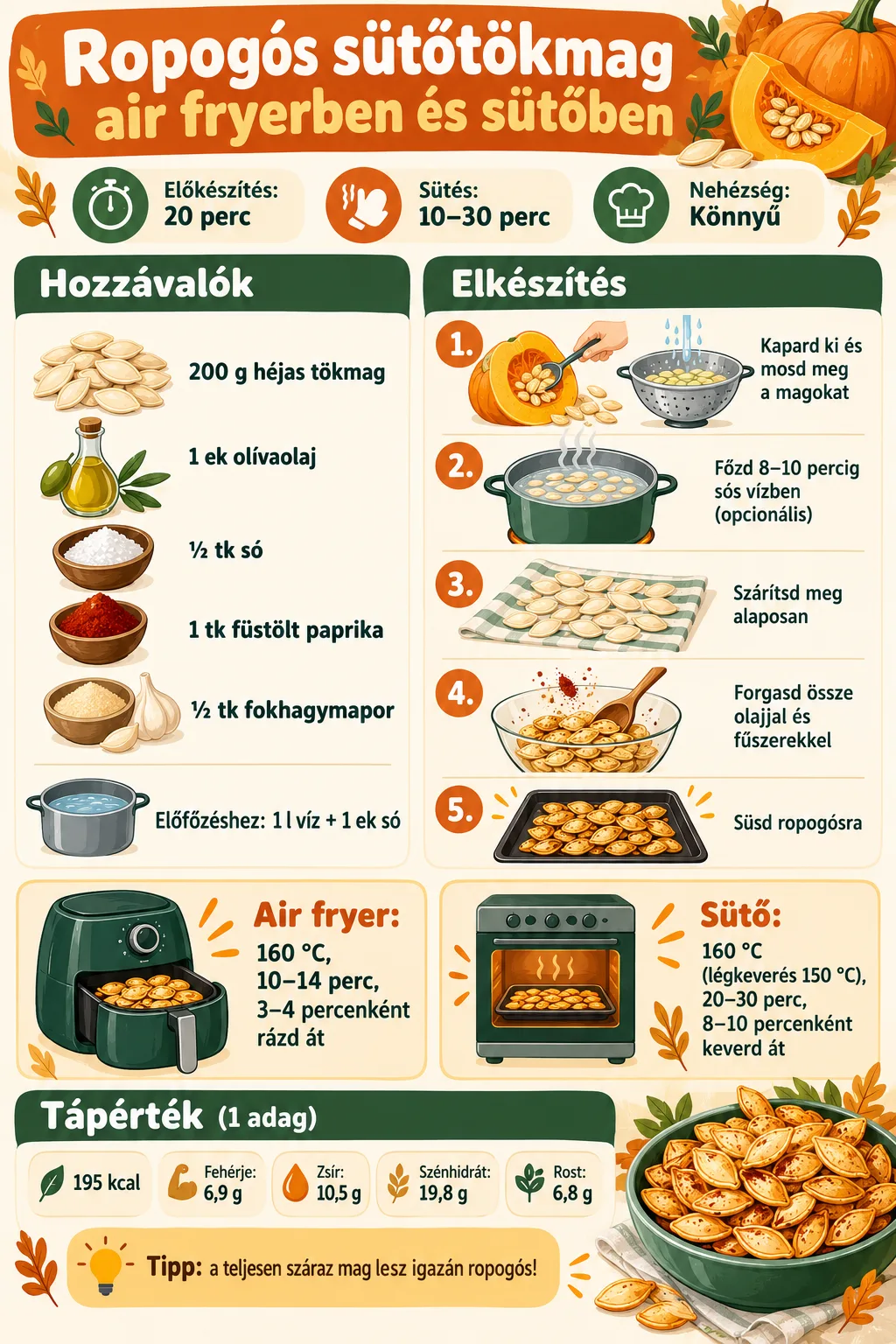 Sütőtökmag sütése air fryerben és sütőben – ropogós, sós nasi