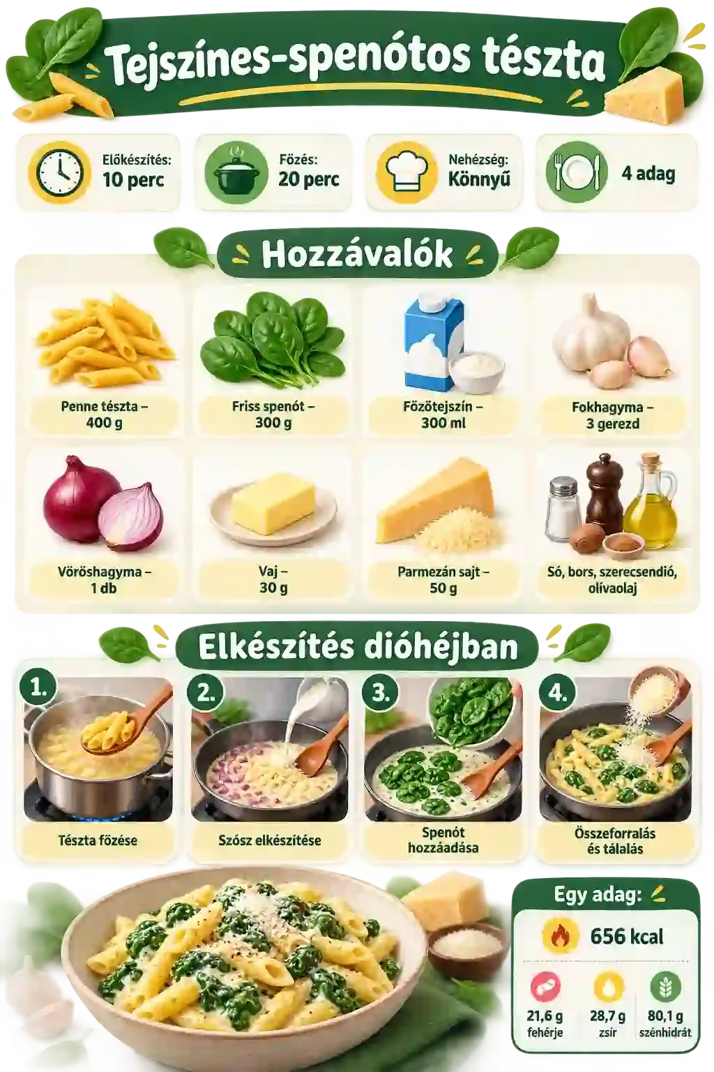 Tejszínes-spenótos tészta recept