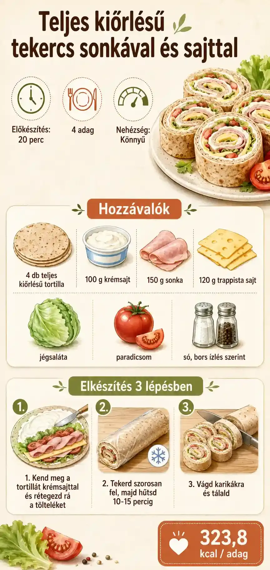 Teljes kiőrlésű tekercs sonkával és sajttal